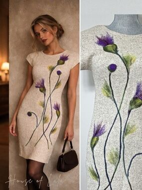Vintage Floral Knit Dress Neutral Felted Detail Soft Stretch Midi Small